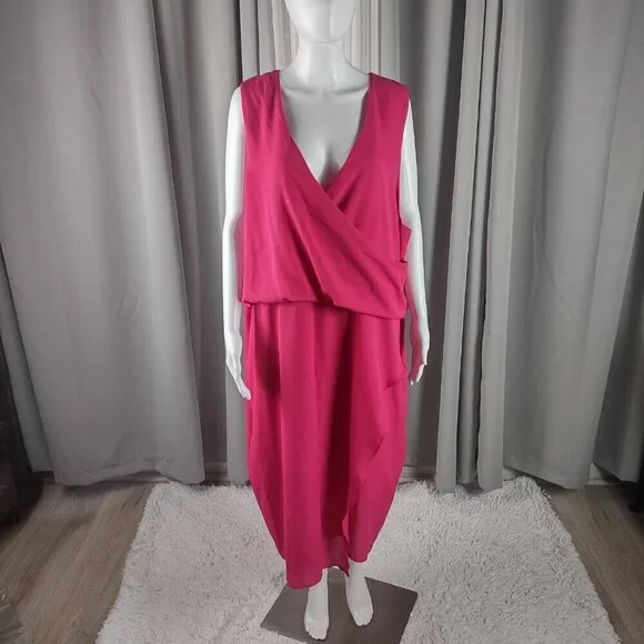 Boohoo Plus Hot Pink Sleeveless Draped Wrap Midi Dress V Neck Women's Size 20 - Picture 2 of 12